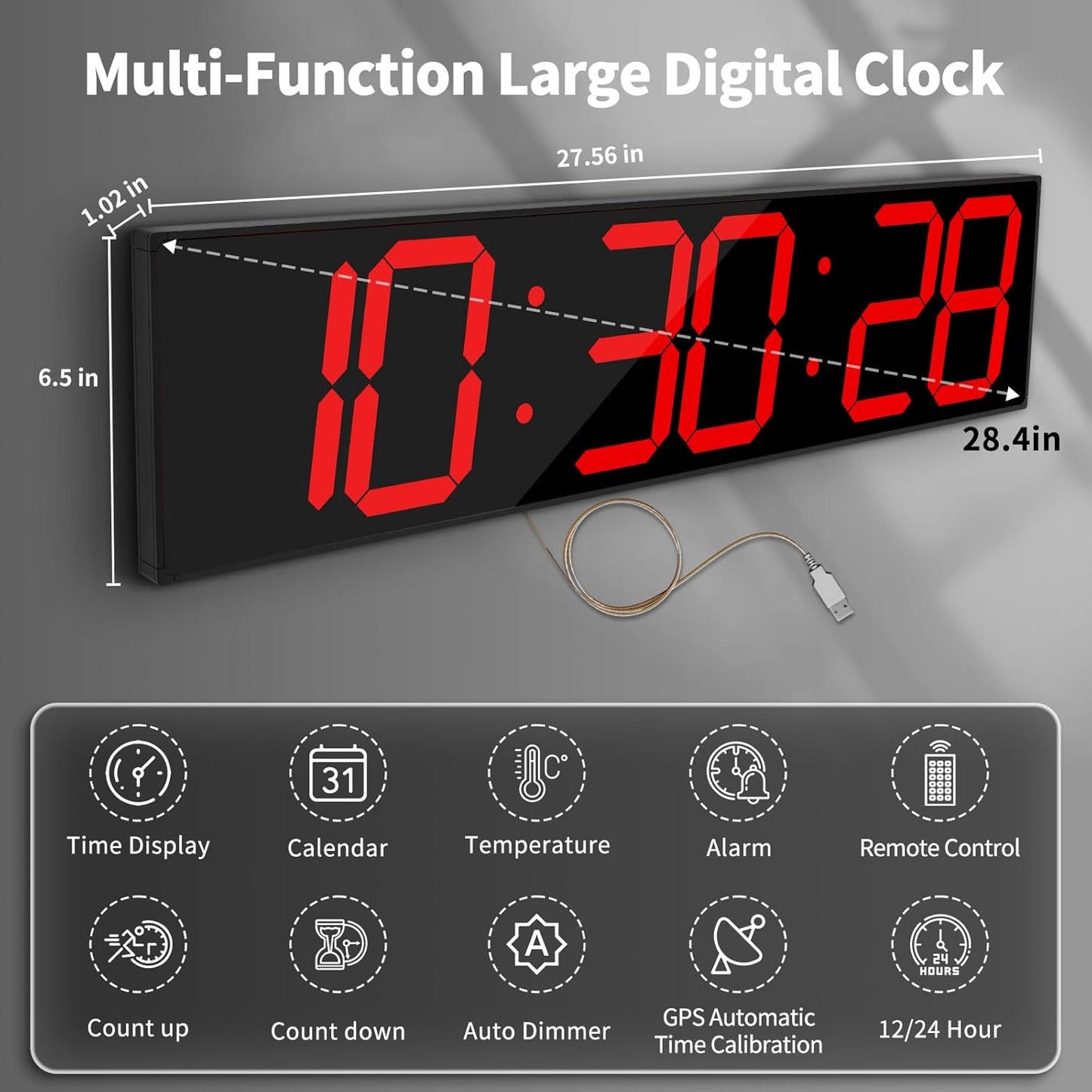 28.4''Large Digital Wall Clock,Automic Digital Clock with Alarm,Clendar and Termperature,Auto Time Sync with Easy Operation, Big Timer with Countdown and Countup (Red)