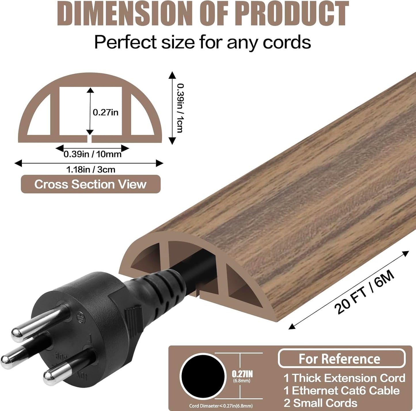 Floor Cord Cover Self Adhesive Cord Hider,20FT Cable Management, Extension Strip Protector for Wires, Prevent Cable Trips for Offices, Gyms, Exhibitions Cavity:0.39"(W) x 0.27"(H) Woodsmokedbrown