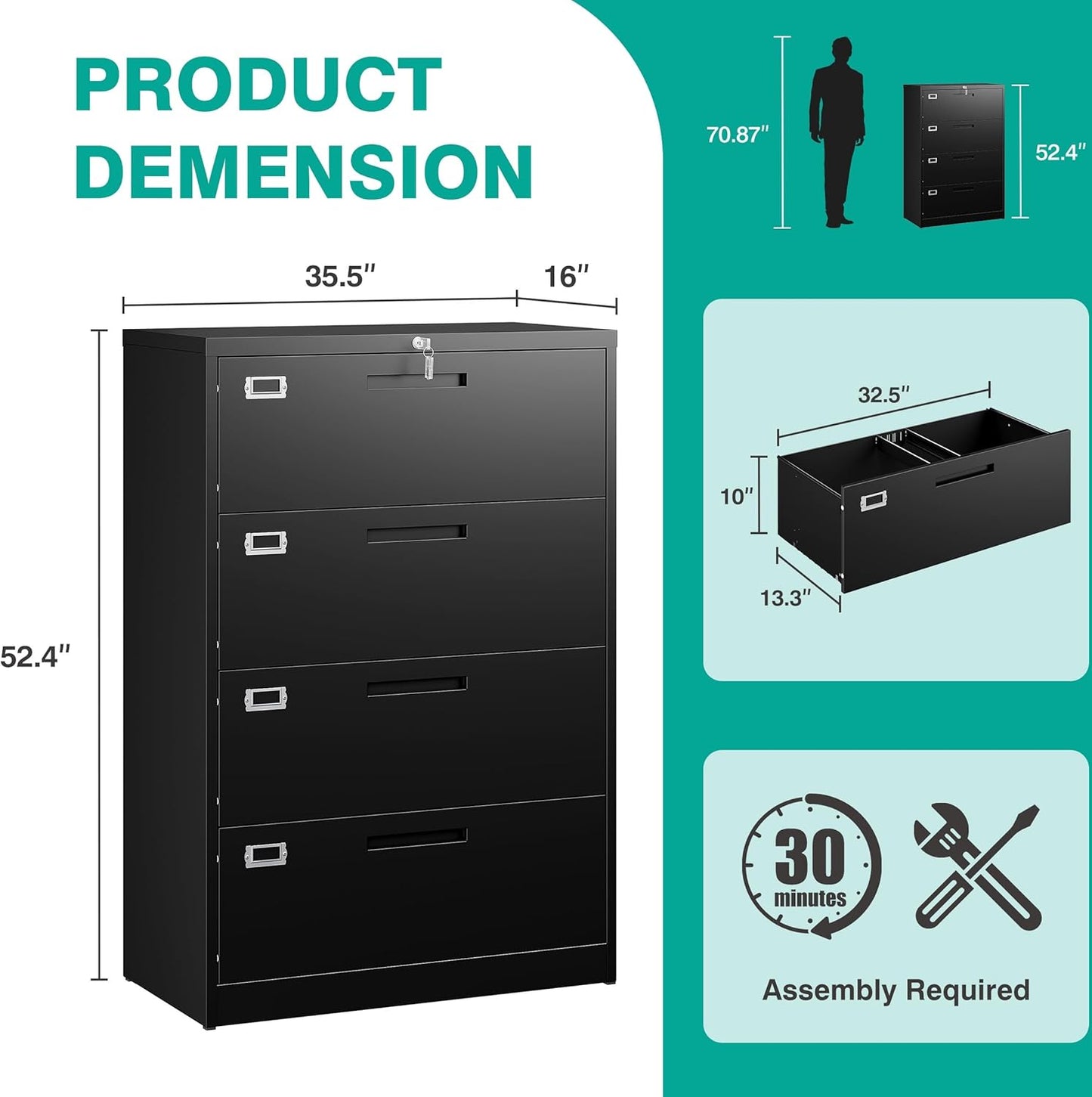 SISESOL 4 Drawer Lateral File Cabinet with Lock,Black Lateral Filing Cabinet,Horizontal Metal Filing Cabinets,Locked Wide Four Drawer File Cabinets for Office Home,Fit A4/F4/Letter/Legal File