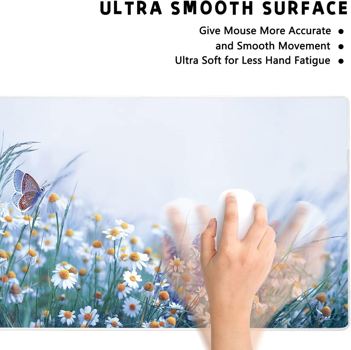 Extended Large Gaming Mouse Pad Wildflowers Chamomile and Butterflies XXL Size Keyboard Mouse Mat Desk Pad with Non Slip Rubber Base Stitched Edges Office Decor for Women Girls Men,35.4 x 15.7inch