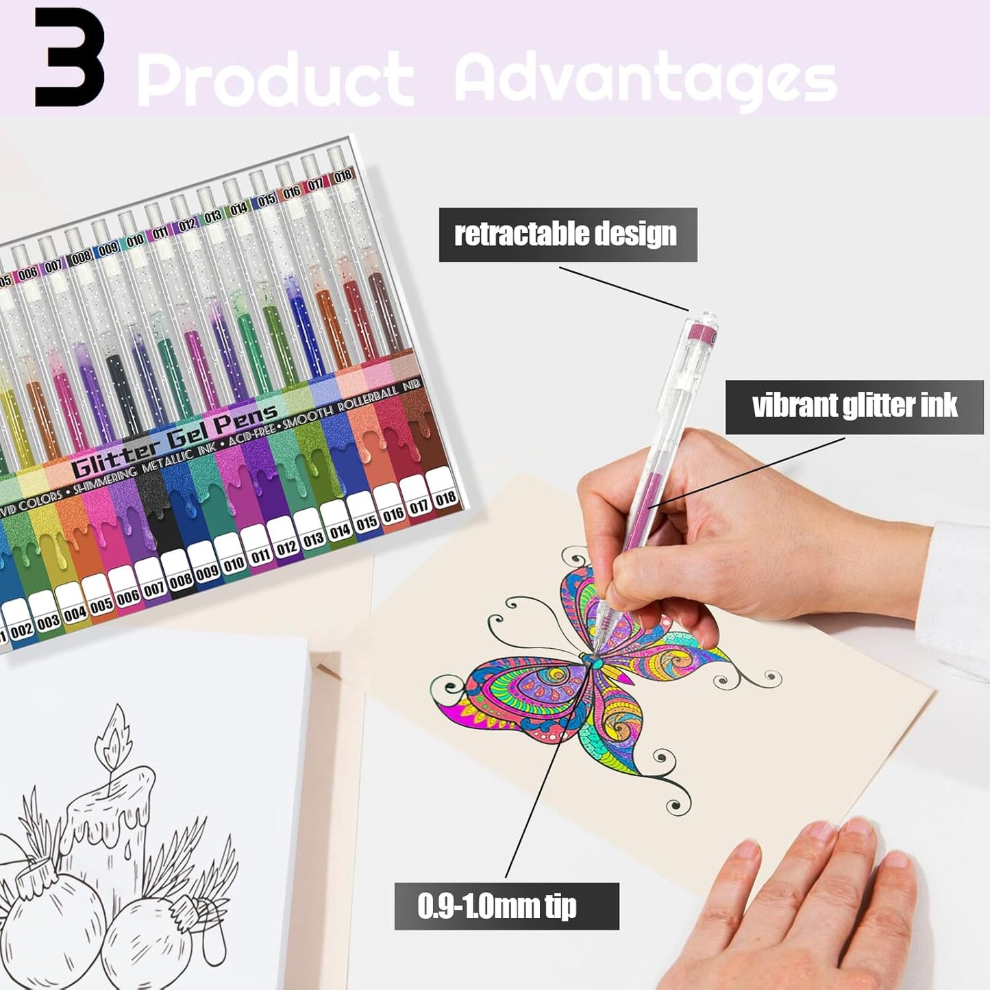 Glitter Pens 18 Colors with 18 Extra Refills, Retractable Metallic Colored Gel Pens for Adult, Vibrant Sparkle Glitter Gel Pens Suitable for Coloring Books Doodling Drawing Journaling