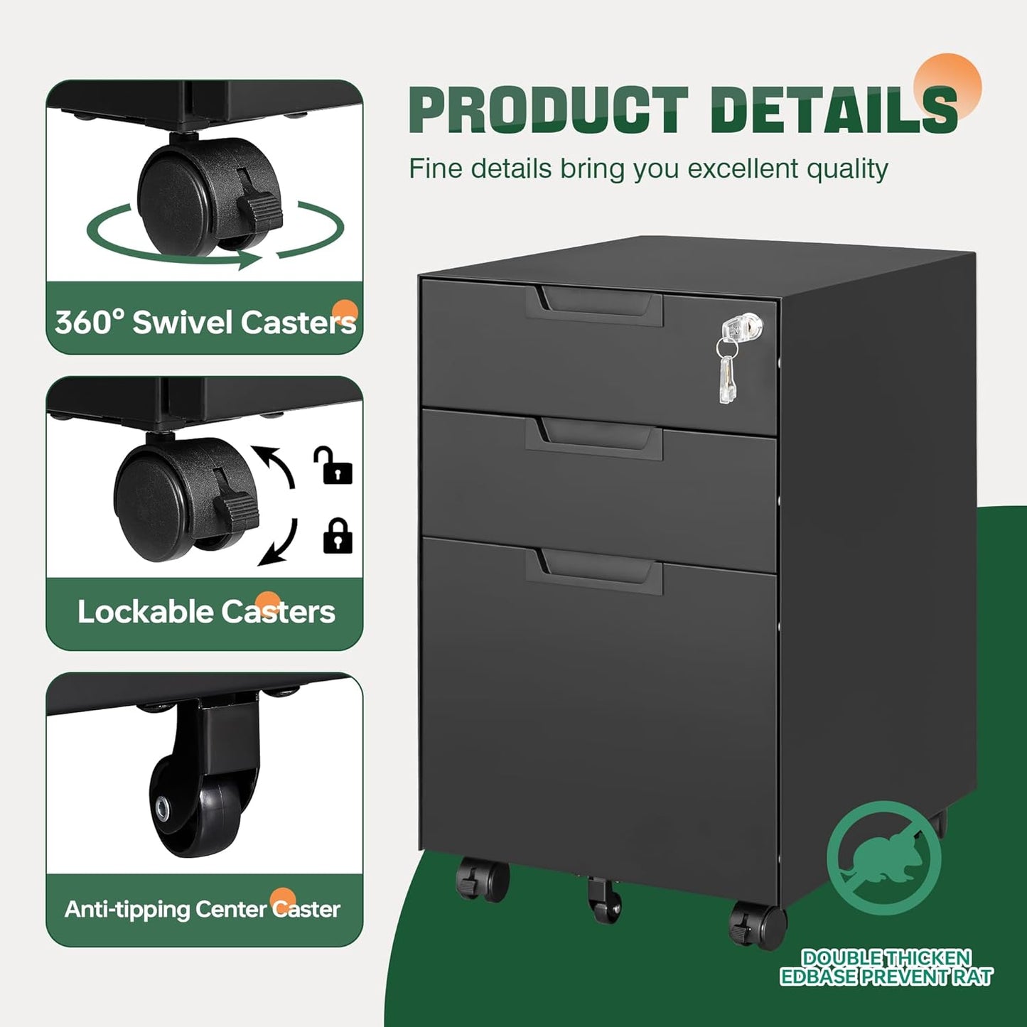 Letaya 3 Drawer Mobile File Cabinet with Lock,Under Desk Metal Small Filing Cabinets for Home Office Organizer Letters/Legal/A4(Fully Assembled Except Wheels-Black)