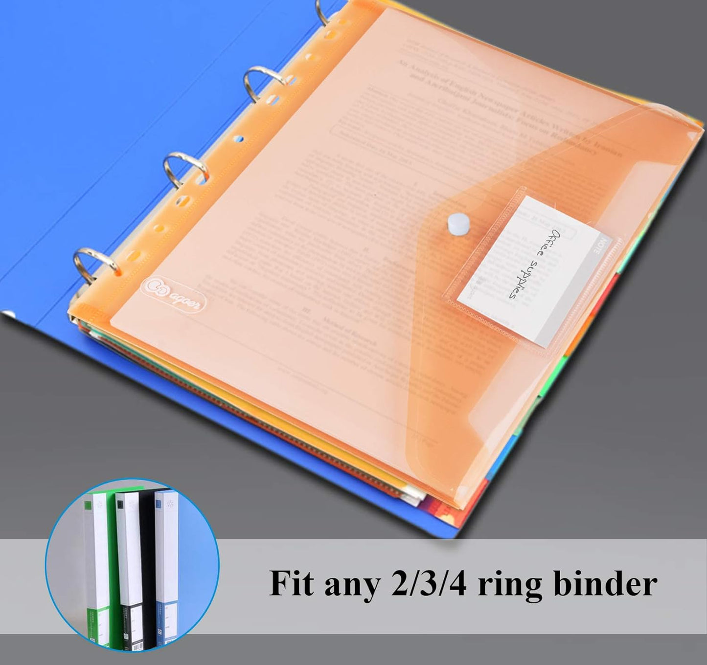 ABSOFINE 24 Pack Plastic Envelope Document Folders with Label Pocket and Snap Button for Home Work Office Organization, A4 Letter Size, Binder Pocket Folders for 11 Ring Binder, Assorted Colors