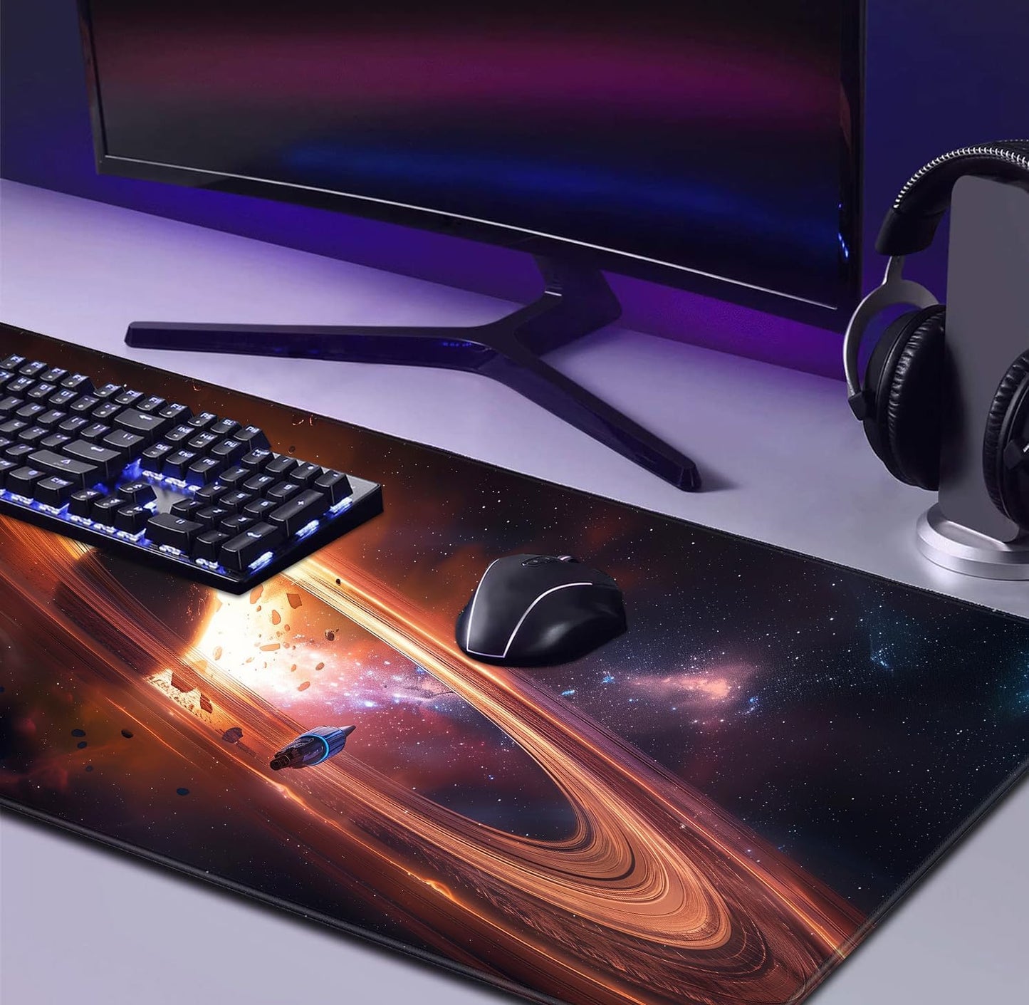 Personalized Galaxy Starry Sky Nebula Customized Computer Keyboard Office Desk Pad, Cute Space Planet Full Table Extended Mouse Pad 35.4 x 15.7 Inches