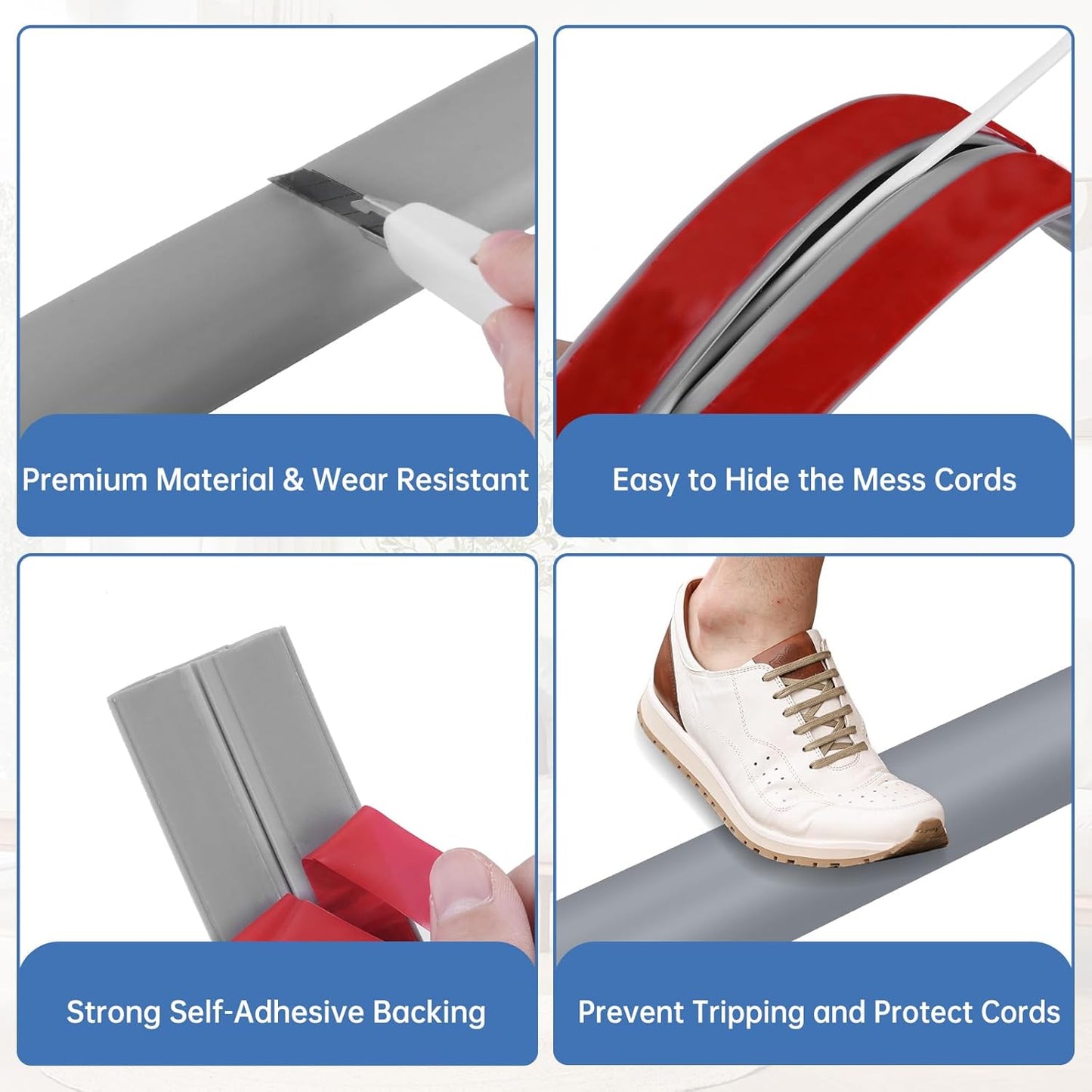 Floor Cord Cover Self Adhesive Cord Hider Floor Extension Cord Covers for Floor Power Cord Protector Cable Management Prevent Cable Trips Cable Cavity 0.47" W x 0.27" H (Grey, 10Ft)