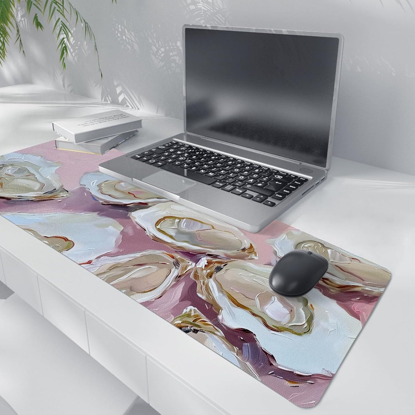 Pink Ocean Coastal Art Mouse Pad,Colorful Beachy Seashell Mouse Pad,XL Large Oyster Abstract Art Desk Mat,Girly Laptop Desk Mat,31.5x11.8 Inch