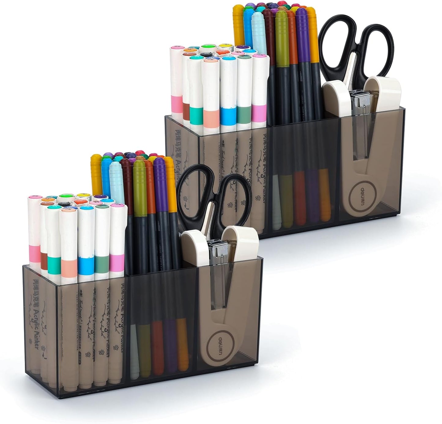 Ludato 2 Pack Pen Pencil Holder for Desk, 3 Compartments Clear Acrylic Makeup Brush Holder straw holder Storage for Office Desk Accessories