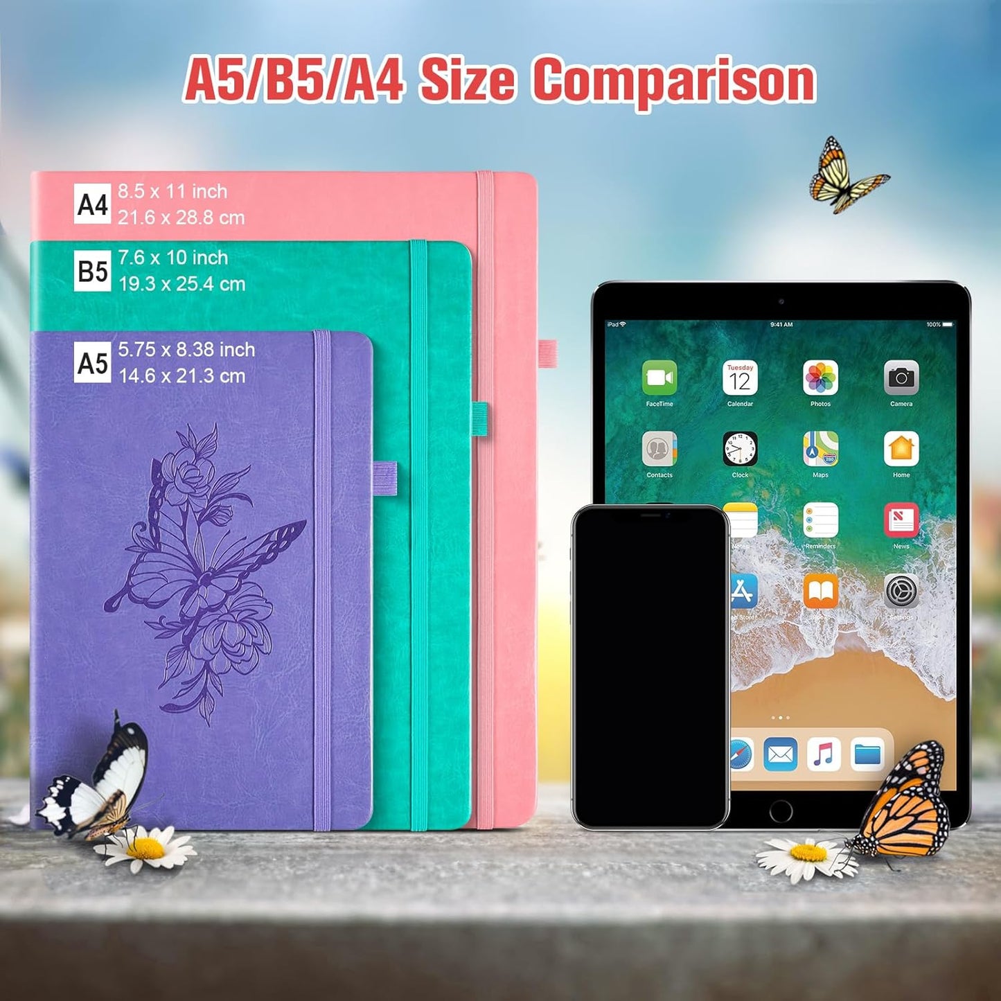 Lined Notebook Journal for Women, 312 Numbered Pages A5 Thick Leather Journal, 100gsm Paper Daily Journal for Work Travel, Hardcover College Ruled Notebook, Giftable Butterfly Floral Notebook, Red