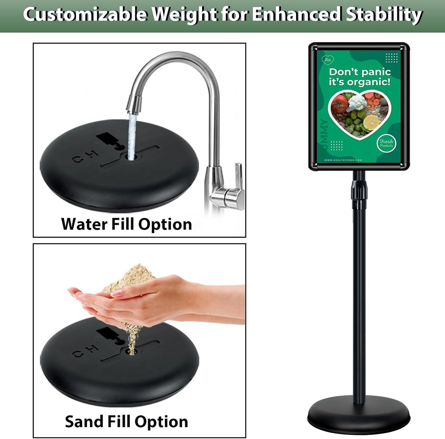 Poster Stand Holder Adjustable Pedestal Floor Standing Sign Holder Vertical and Horizontal View Sign Display, Aluminum Snap Open Frame with Safety Corner (2P-Black-8.5x11)