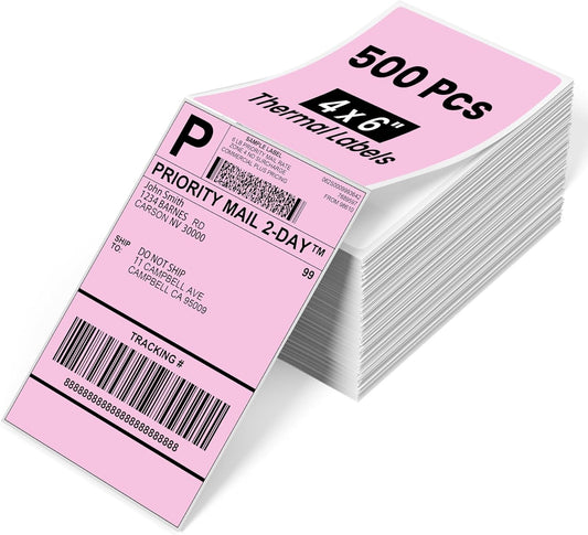Phomemo 4x6 Thermal Label Printer Paper - 500 PCS Pink 4"x6" Fan-Fold Shipping Supplies Labels - Water/Oilproof Label Stickers - Permanent Adhesive Thermal 4x6 Labels for Small Business Supplies