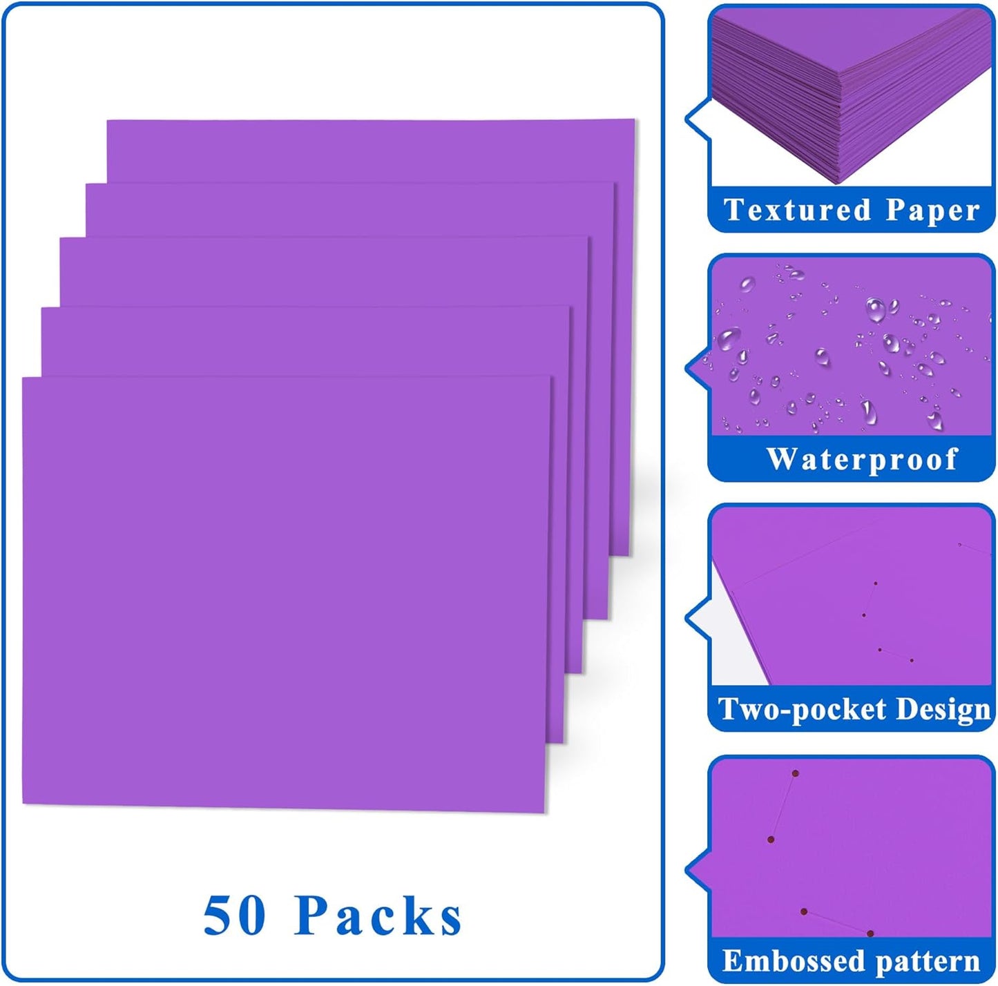 Zzrywuty 50 Packs Paper Folders with Pockets for Students,Businessmen and Office Workers,Letter Size,Two Pocket Folders with Card Slot for Office,Business,School Supplies (Purple)