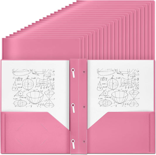 Lincia 100 Pcs Plastic Folders with Pockets and Prong Folders with Prongs 2 Pockets for Office, School for Students, Teachers, Office Workers(Pink)