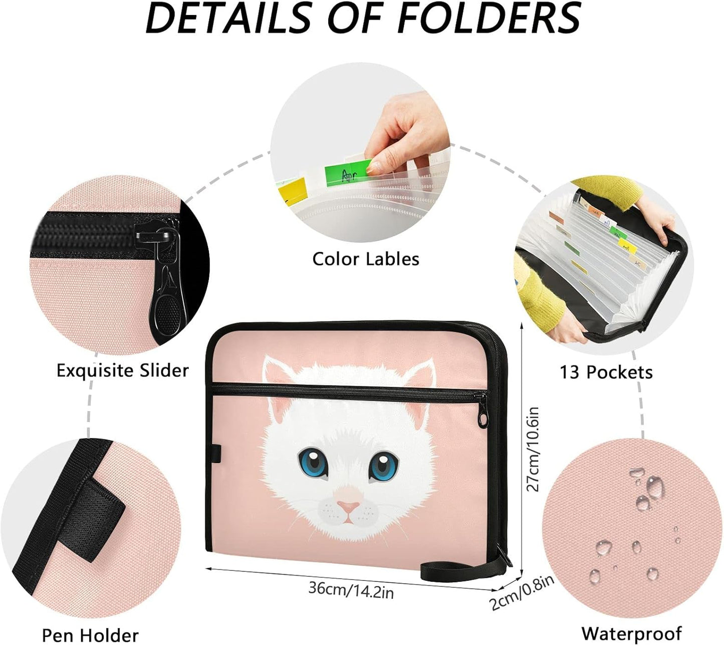 White Persian Cat Expanding File Folder 13 Pockets with Zipper Cute Dog Expandable Filing Folders Accordion Document Files Organizer for A4 Letter Size Paper