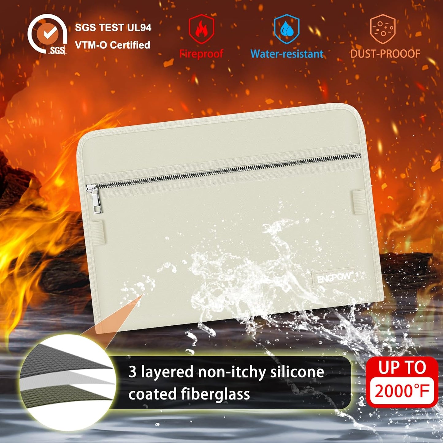 ENGPOW Accordion File Organizer,Fireproof 13 Pockets Expanding File Folder,Document Organizer Folder with Zipper＆Labels,Portable Home Travel Safe Storage for Letter A4 Files and More,Beige