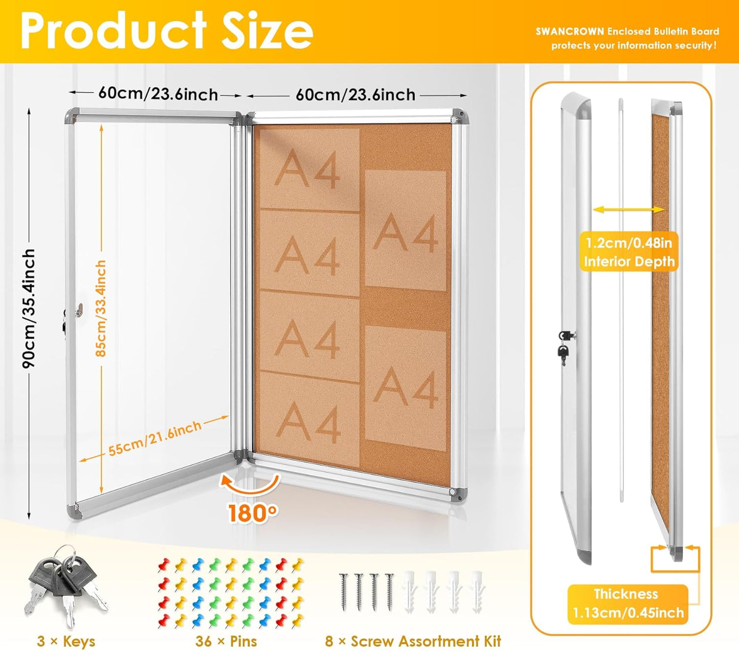 SWANCROWN Enclosed Bulletin Board 36x24 in, Tamperproof Lockable Cork Board Wall Display Case for Office School Home, Aluminum Frame