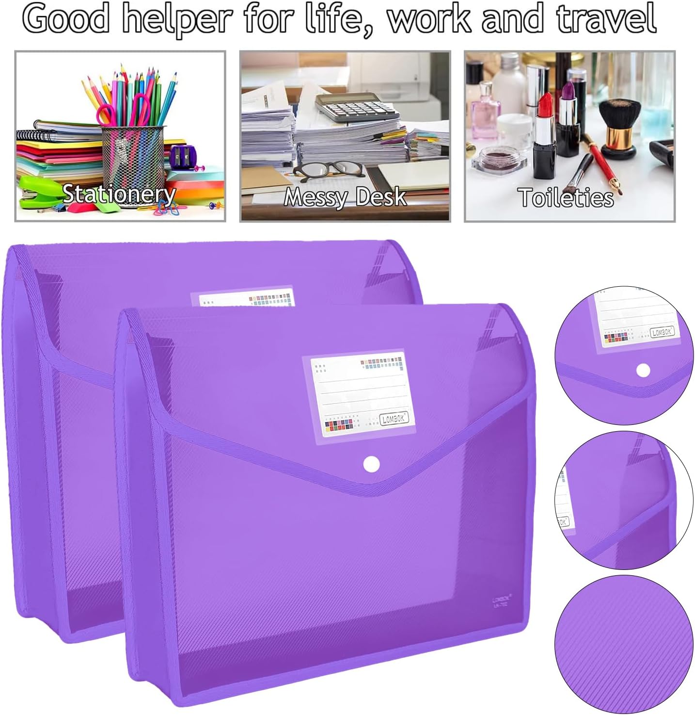 YoeeJob Plastic File Folders Legal Size Expandable Document Folder with Snap Button Closure, A4 Expanding File Wallet Envelopes Pouch with Label Pocket, 2 Packs, Purple