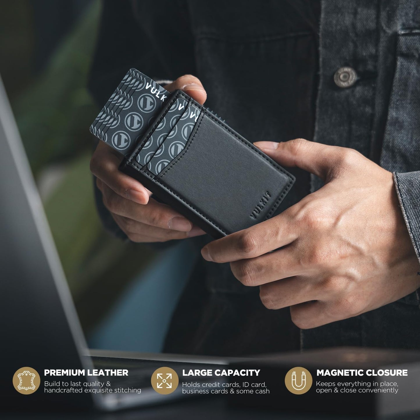 VULKIT Men's Wallet with ID Window Premium Leather Wallets RFID Blocking Minimalist Wallet Pop Up Card Holder Magnetic Closure