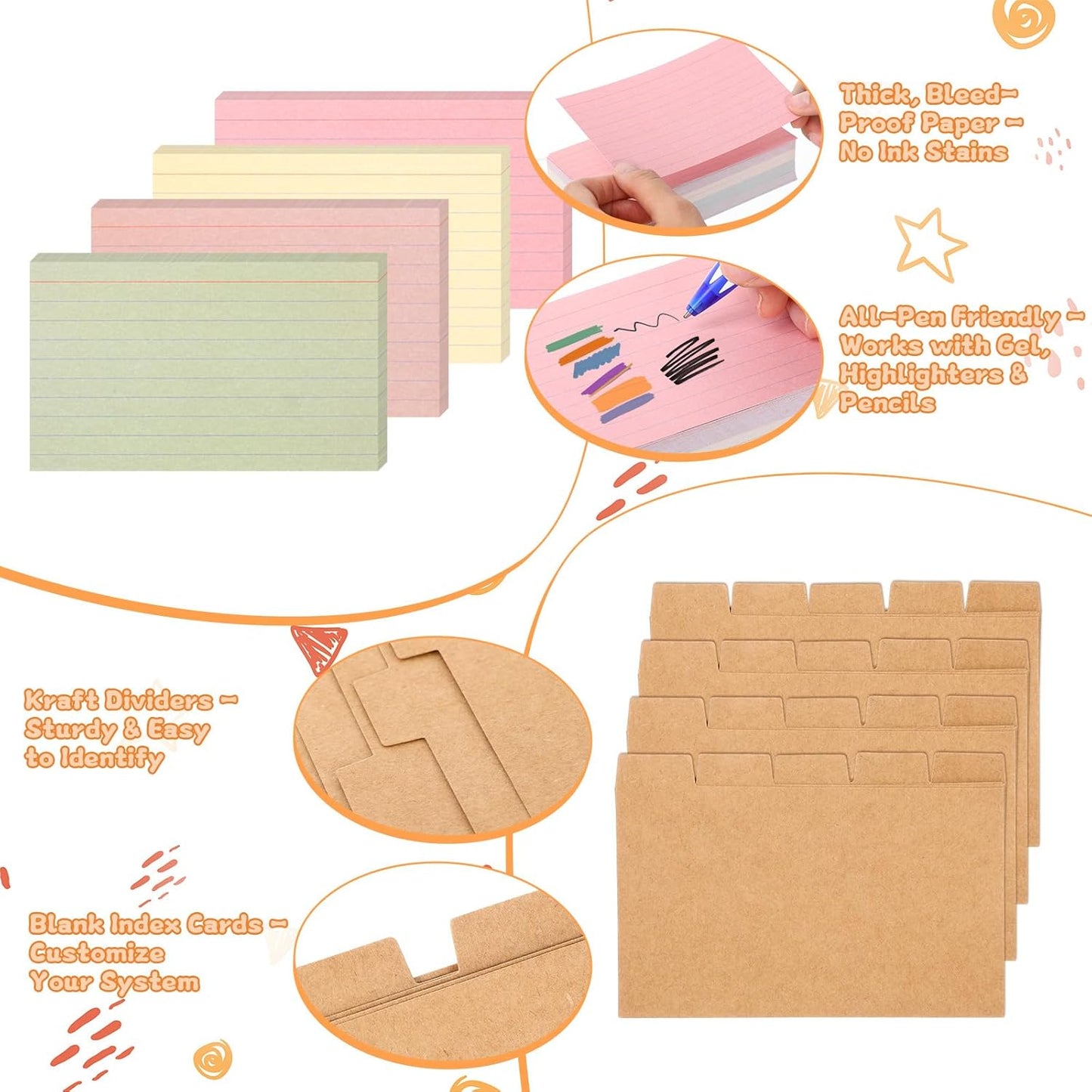 Kathfly 3x5 Index Card Holder Set, 200 Pcs Heavyweight Ruled Notecards and 30 Dividers Wooden Organizer Recipe Box with Flash Card for Home, Office and Kitchen