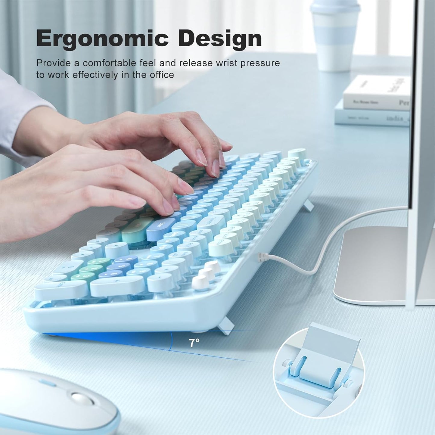 MOFII Keyboard Wired Large Print, Computer Keyboard Plug Play, Colorful Retro Round Typewriter Keyboard with Numeric Keypad and Media Hotkey for Windows PC Laptop (Pale Blue)