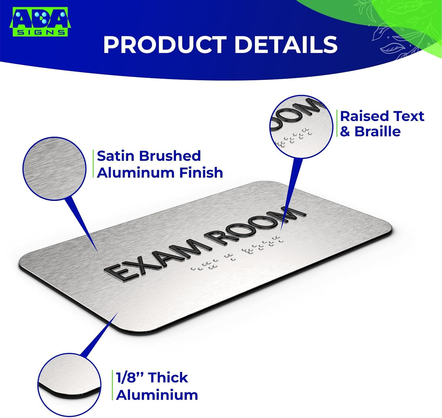 ADASigns Exam Room Sign 7" W x 4" H - Durable Brushed Aluminum with Grade 2 Braille - Easy Installation with Strong Double Sided Tape - ADA Compliant Medical Office Door Signs for Businesses & Offices