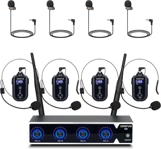 Rechargeable Wireless Microphone System 4 Channel Pro, UHF Metal Headset Lavalier Lapel Mics Cordless for Church Karaoke Singing with Volume Control, 4x50 Frequency(G8)