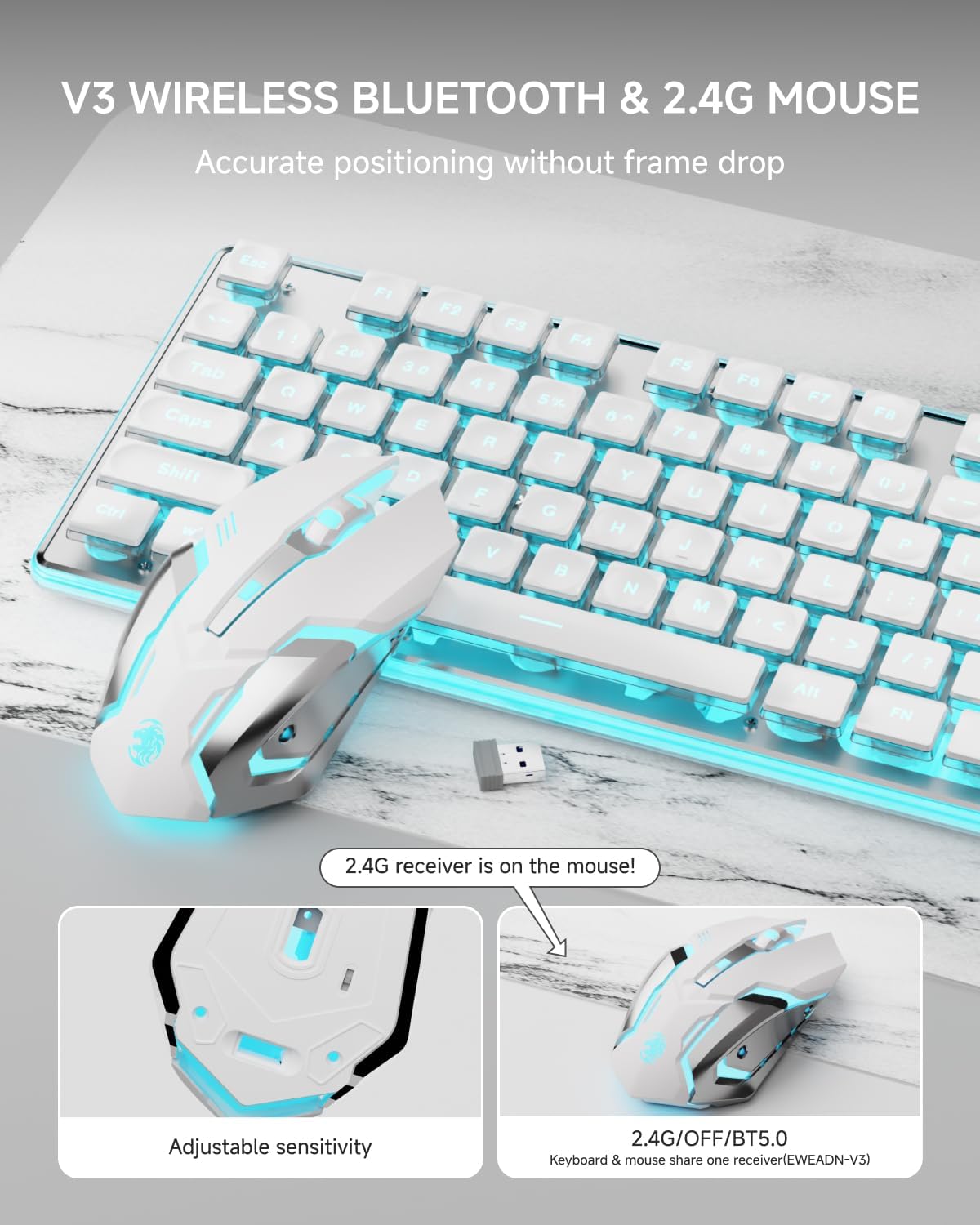 EWEADN V3 Wireless Keyboard and Mouse with Blue Backlit, Metal Panel, Bluetooth/2.4G Rechargeable Computer Keyboard and Mouse Combo Silent Lighted Full Size Cute Keyboards-White
