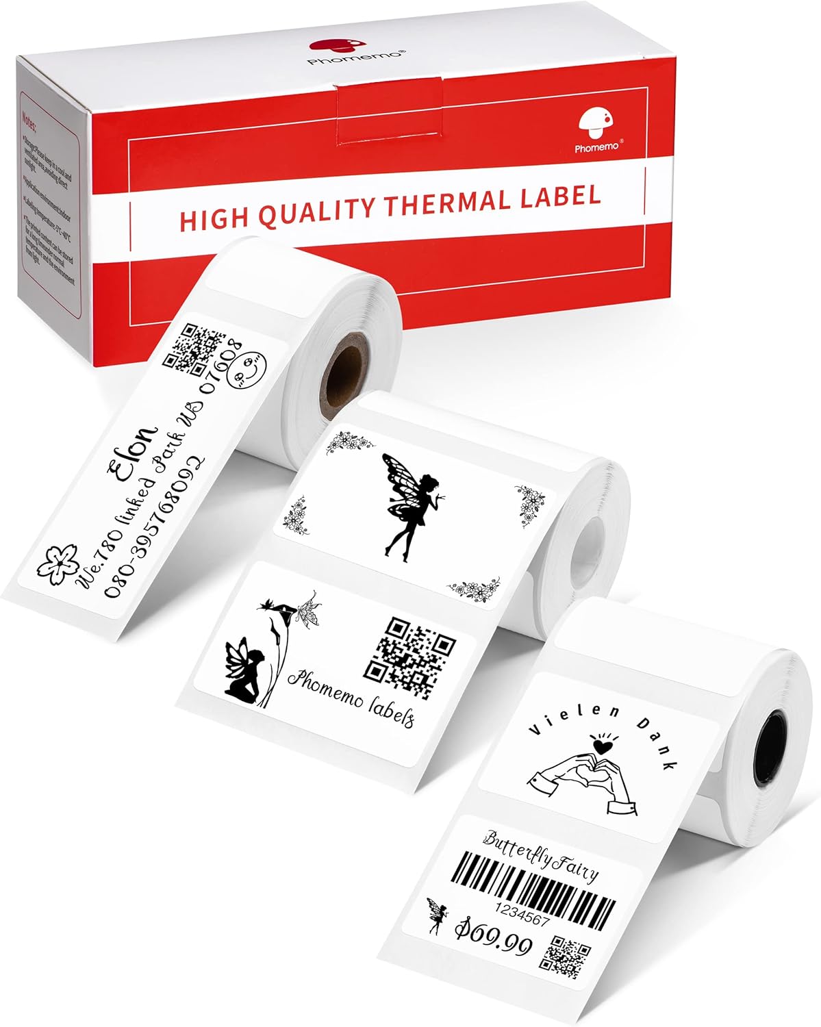 Phomemo Labels Set, M220 M110 M108 M250 M260 M150 M221 M120 M200 Label Maker Tape,Black on White Thermal Paper Self-Adhesive Stickers, Include 1.57'' x 1.18'',1.96'' x 1.18'',1" x 2-5/8"
