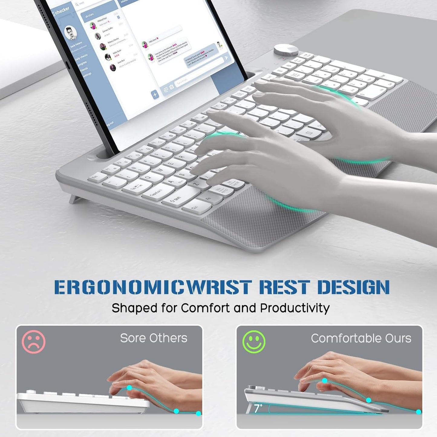 Ergonomic Wireless Keyboard with Wrist Rest-Low-Profile,Phone/Tablet Holder,Quiet Design，Windows & Mac OS，Full Size Cordless USB Computer Keyboard for Desktop,Laptop, PC, Mac, Windows-White