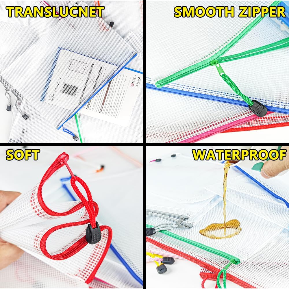 D-KINGCHY 24Pcs Zipper Storage Bags, Plastic Mesh Zippered Pouch for Organization, Waterproof Versatile Bags for Office Supplies School Travel