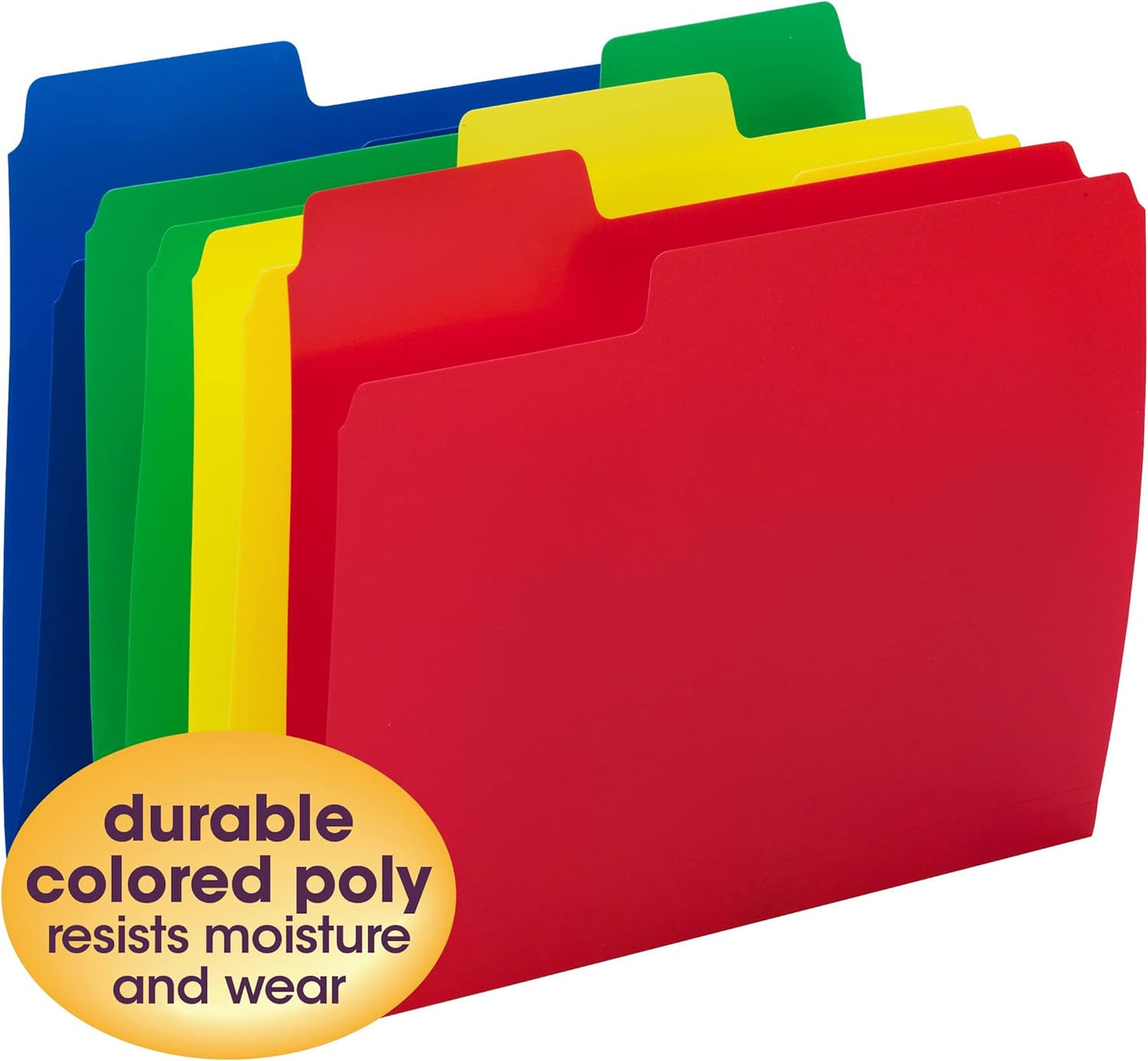 Smead SuperTab Poly Plastic File Folders for Documents, Set of 12 Plastic Folders, 1/3-Cut Tabs, File Folders Letter Size, Assorted Primary Colors, Office Supplies, School Supplies (10516)