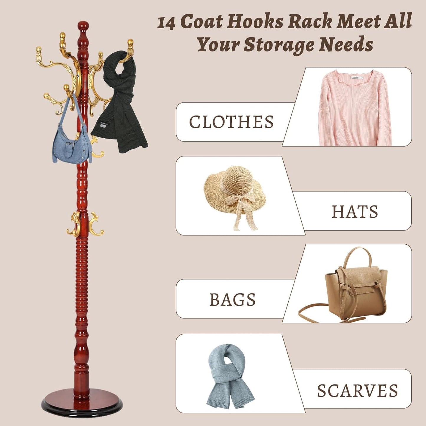 Wooden Coat Rack Freestanding with Resin Hooks, Adjustable Heavy Duty Stand for Hanging Coats, Bags, Hats, and Umbrellas in Living Room, Bedroom, Entryway (Begonia wood color)