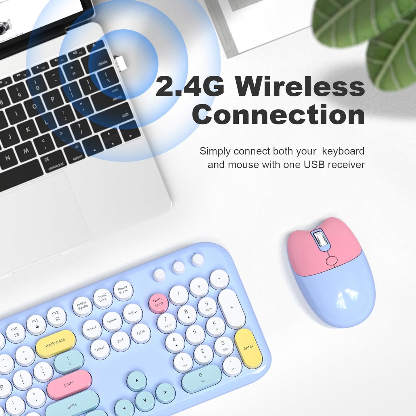 Wireless Keyboard and Mouse, Full Size Typewriter Keyboard and Cute Cat Shape Design Mouse Combo for Windows 7/8/10, Laptop, Desktop, PC, Computer (Blue)