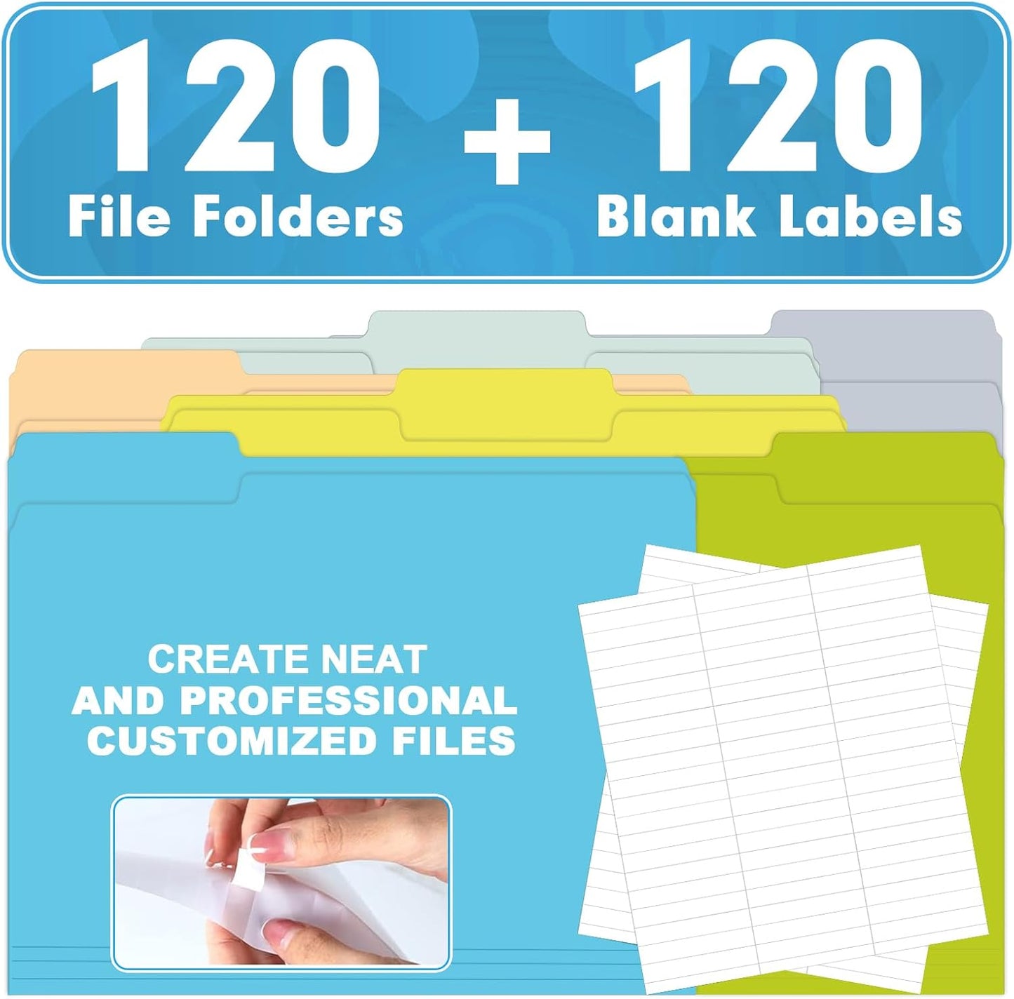 File Folder, HERKKA 120 Pack 1/3 Cut Tab File Folders, Letter Size, Assorted 10 Colors, Colored File Folders Great for Organizing and Filing