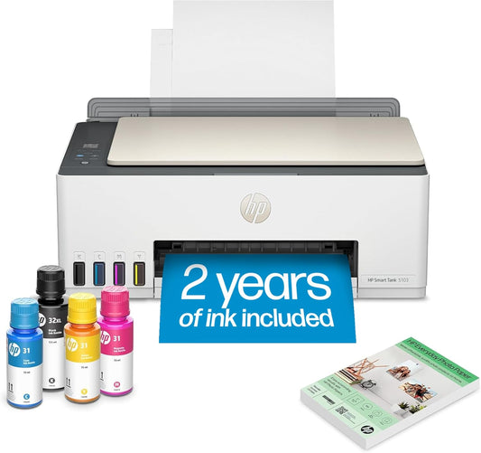 HP Smart Tank 5103 Wireless All-in-One Refillable Ink Tank Printer, Scanner, Copier with 2 Years of Ink and 100 Sheets of Photo Paper Included, Best for Home (5D1B2A)