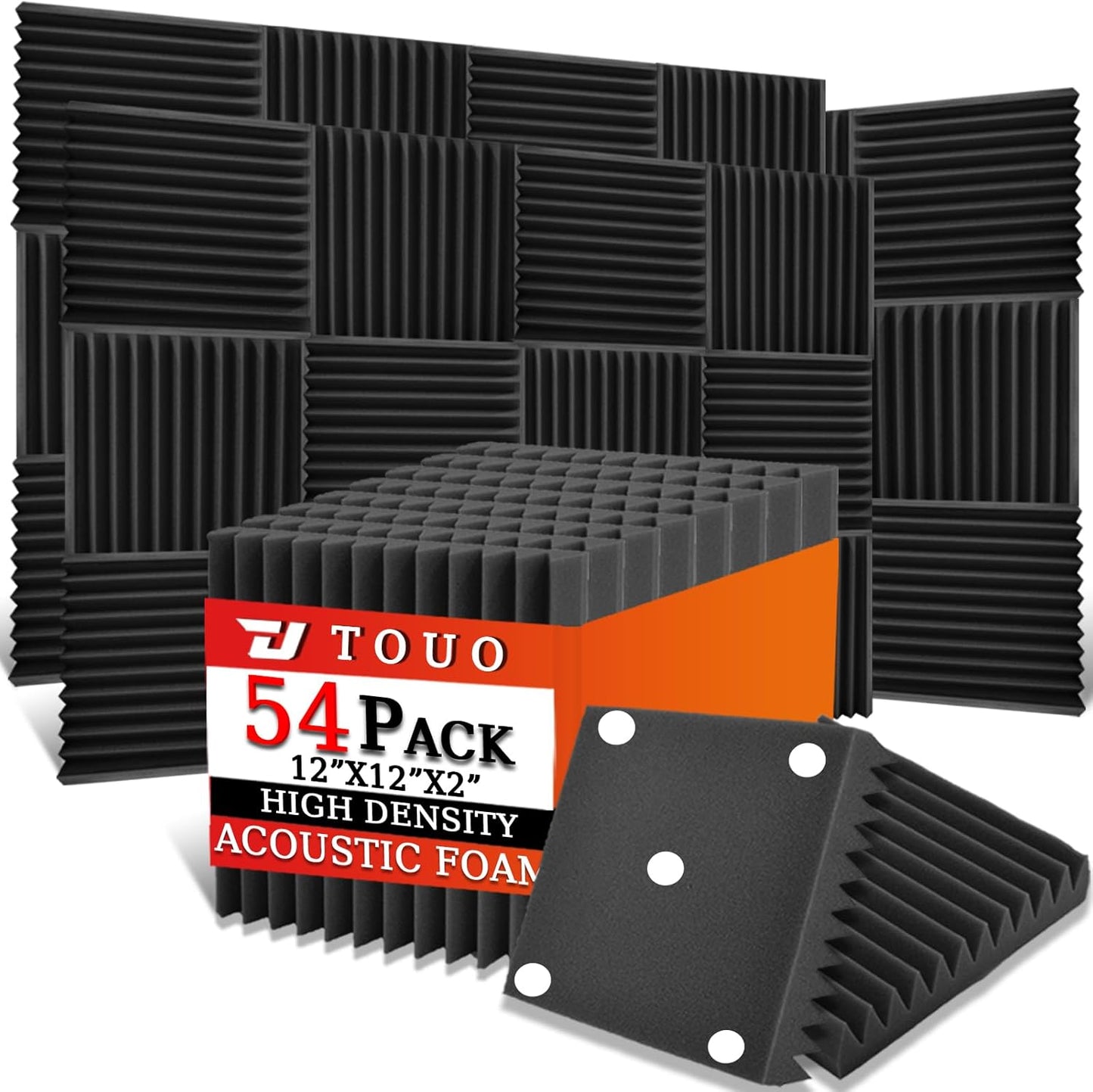 54 Pack Acoustic Panels – Sound Proof Foam Panels for Wall 12"x12"x2", Flame Retardant Wedge Acoustic Foam, High-Density Sound Absorbing Panels for Home Studio(Black, 2" Thick 54 Pack)