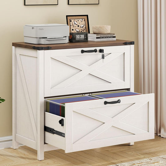 Lateral File Cabinet with 2 Large Drawers, Farmhouse File Cabinet with Lock for Letter/Legal/A4 Size Hanging Files, Wood File Storage Cabinets Printer Stand for Home Office Cabinets, Rustic White