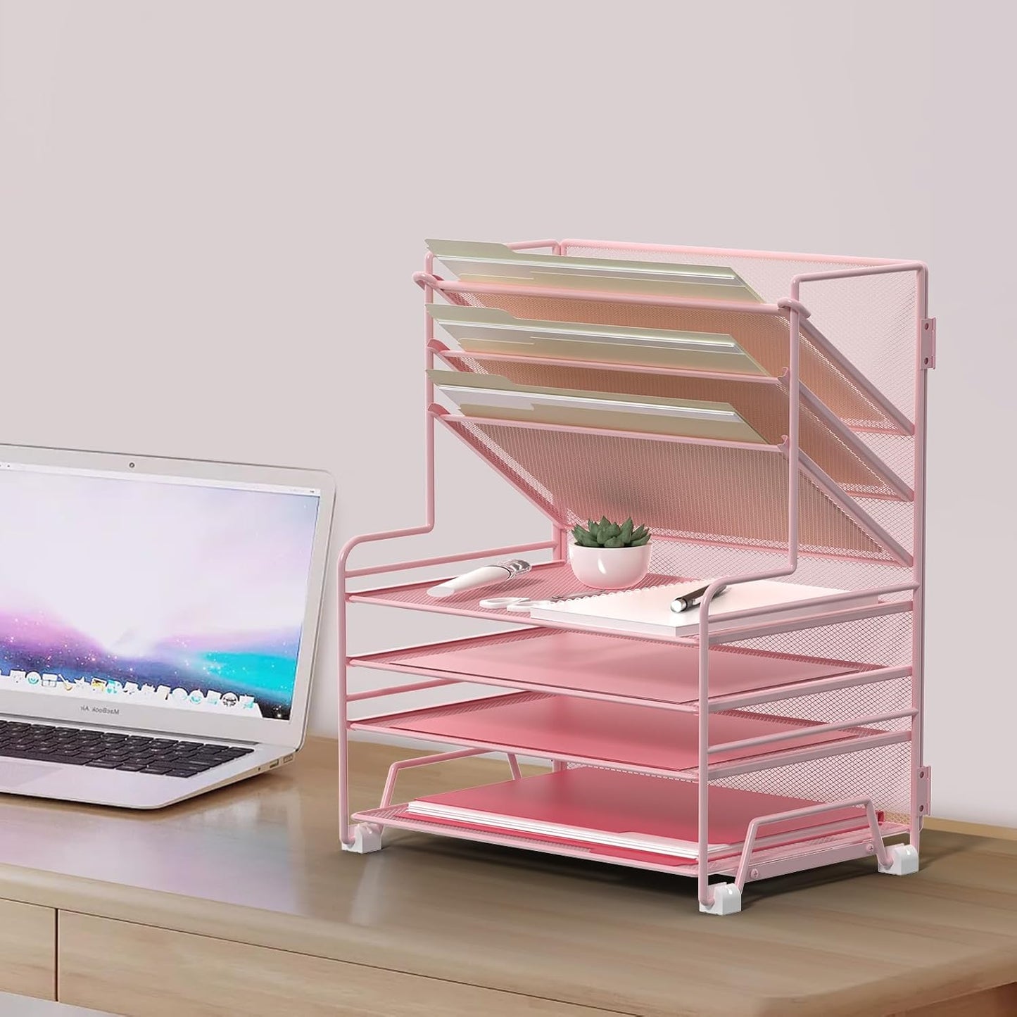 4-Tier Paper Organizer + 3-Pocket File Holder + Drawer + Pen Holders, Desktop File Organizers Paper Tray for Office Supplies School Classroom Organization (Pink, with Drawer & Pen Holder)