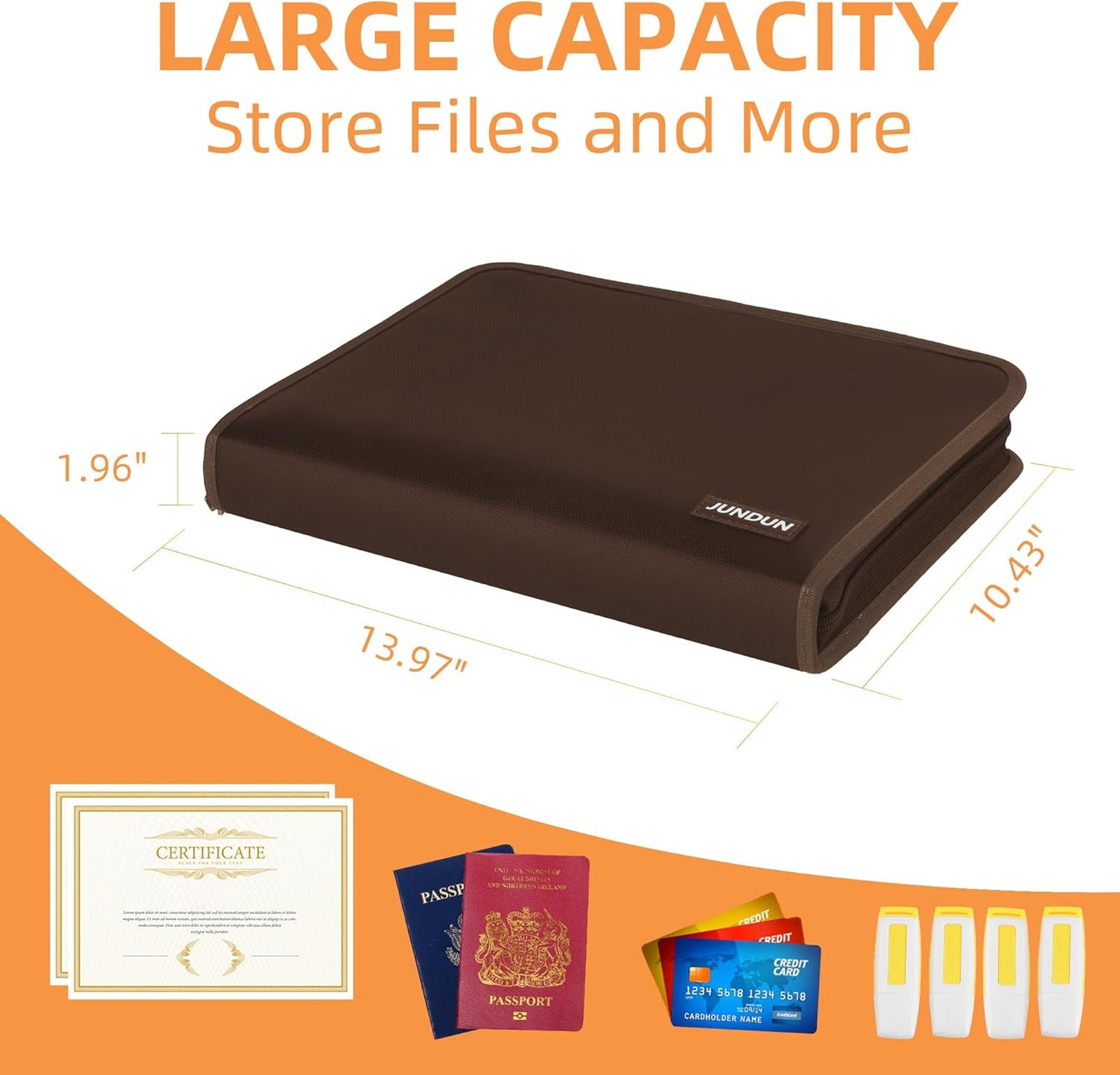 JUNDUN Accordion File Organizer - Fireproof Folder with Zipper & Labels - 12 Pocket Expanding File Folder with Multi-Pockets Paper Folder for Letter A4 Files | Receipt and More (Brown)