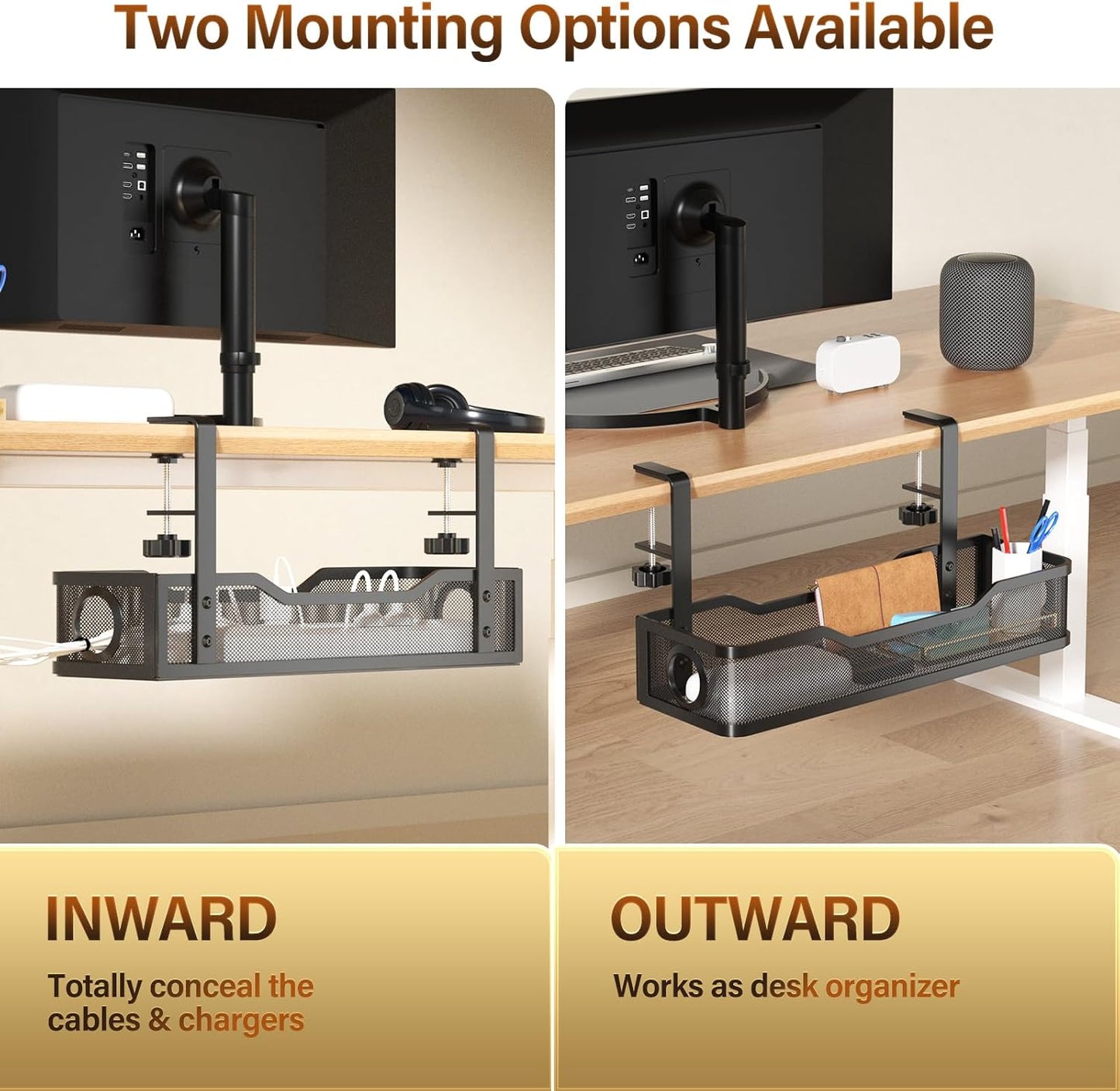 [Upgraded] Under Desk Cable Management Large, Cinati 16" Cable Management Box for Table Thickness up to 3", Wire Cord Organizer with Clamp No Drill, No Damage to Desk(Black)