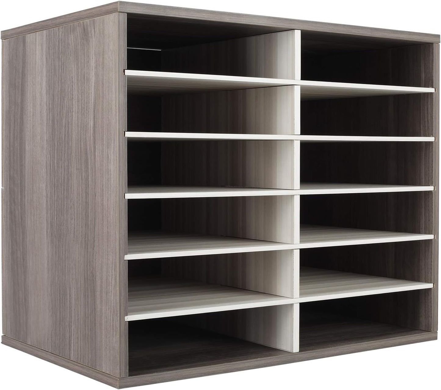 TQVAI Wood Adjustable Literature Organizer Desktop File Sorter Mail Center Paper Storage Cabinet Home & Office Mailbox School Classroom Keepers, 12 Slots Compartments, Retro Grey/White