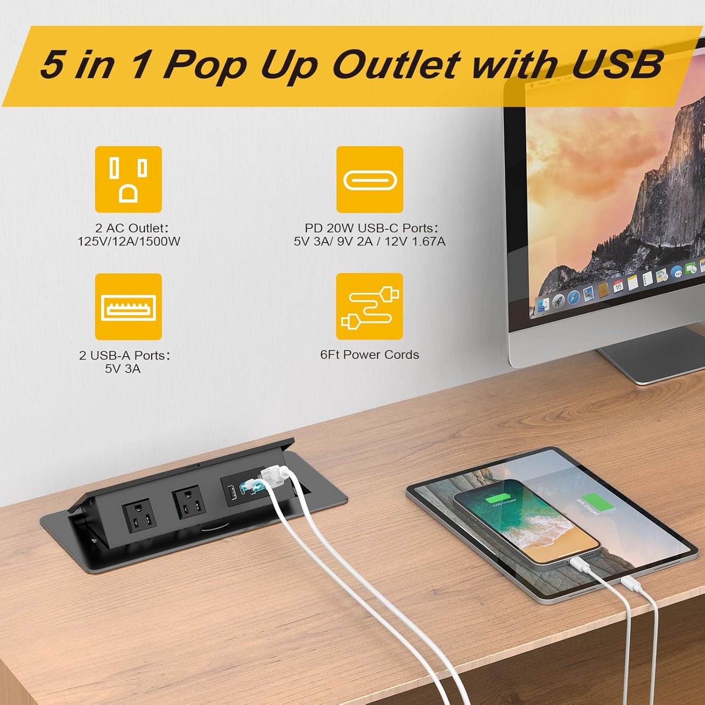 UL Listed Recessed Power Strip, Pop Up Power Cover Box Desktop Socket with PD 20W USB C Charging Ports, Stainless Steel Receptacle Outlet for Conference Room Countertop (Black-USB C)