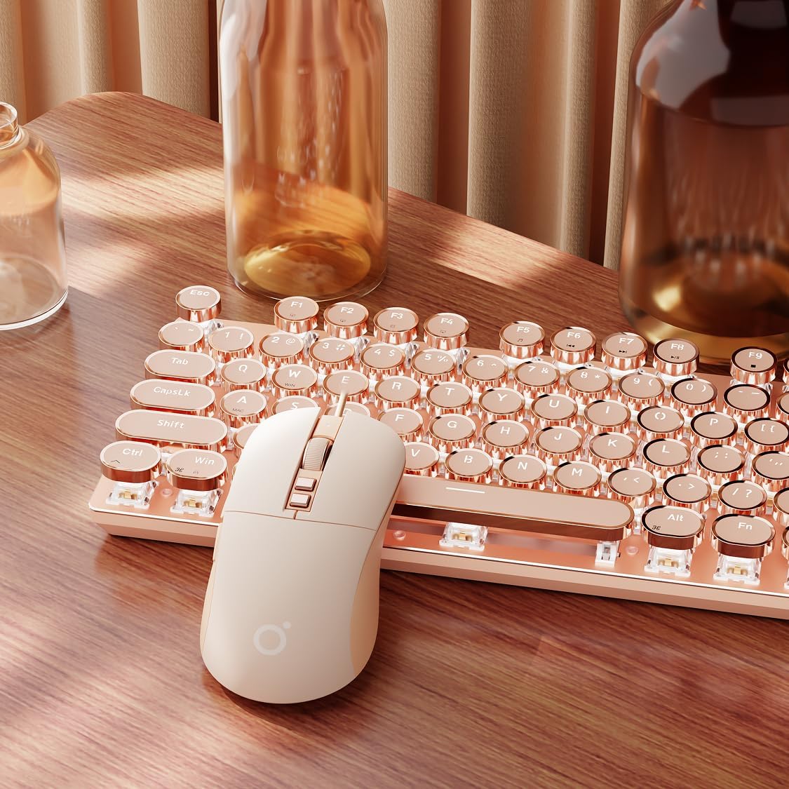 EWEADN Wired Typewriterkeyboard and Mouse Combo, Typewriter Style Mechanical Gaming Keyboard,104 Keys Backlit LED Keyboards, Media Control Knob, Wired Keyboard Pink Switch for Windows/Mac/PC-Pink