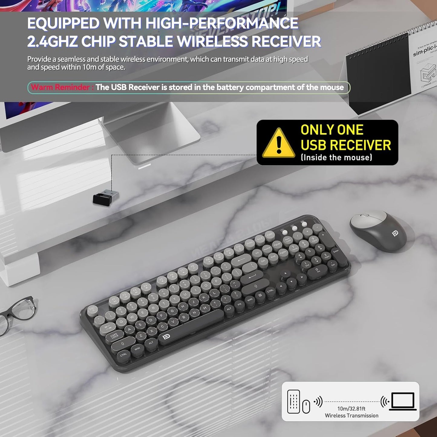 Wireless Keyboard and Mouse Combo, 104 Round Keys Cute Colorful Cordless Keyboard and Mouse with Retro Typewriter Black