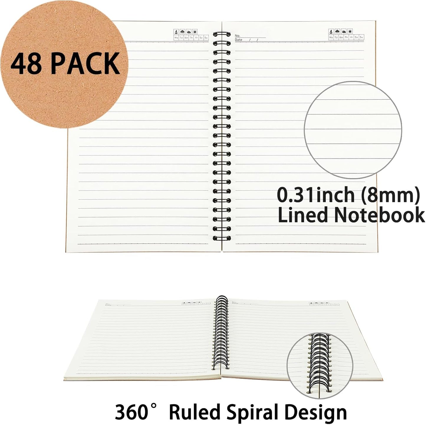48 Pcs A5 Spiral Notebooks Journal with Kraft Cover, 5x8 Inches, Ruled Lined Paper, for Work, Sketches, Study, Notes Taking, Gifts, Brown (48 PCS(Lined))