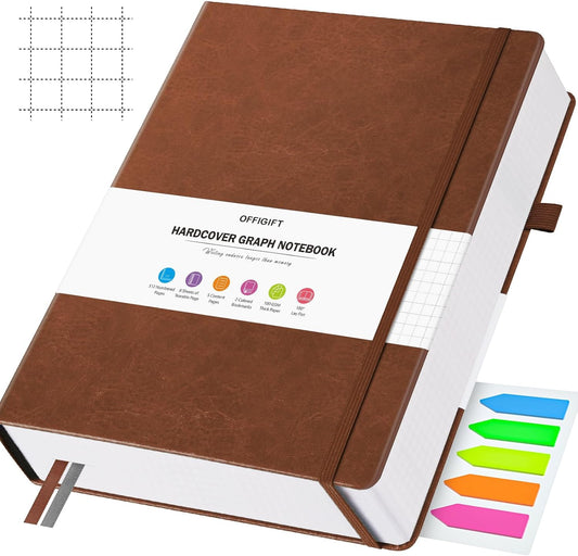 Graph Paper Notebook, 312 Numbered Pages Large A4 Hardcover Leather Journal, 100gsm No Bleed Grid Paper Notebook with Index Pages, Squared Grid Notebook for Graphing Notes Math, 8.5'' × 11'', Brown