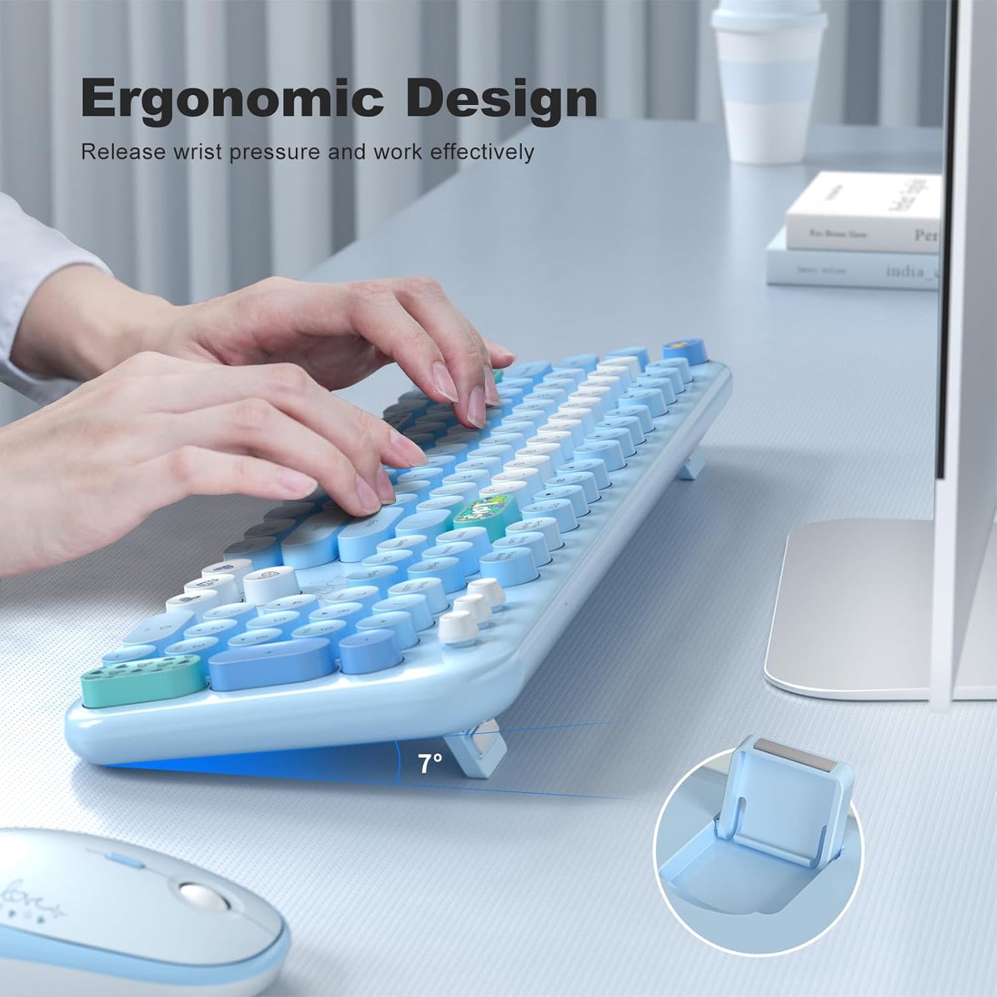 MOFII Wireless Keyboard and Mouse Combo, Cute Full Size Retro Typewriter Keyboard and Wireless Mouse, 2.4GHz Set for PC/Desktop/Laptop/Windows (Blue Colorful)