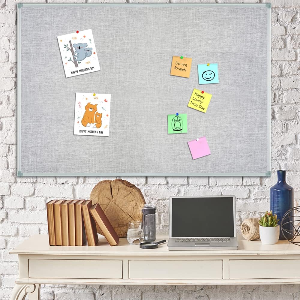 Lockways 36" x 24" Premium Cork Bulletin Board, Light Grey Framed Linen Fabric Pinboard with Silver Aluminum Frame for Home, Office & Kitchen Organization