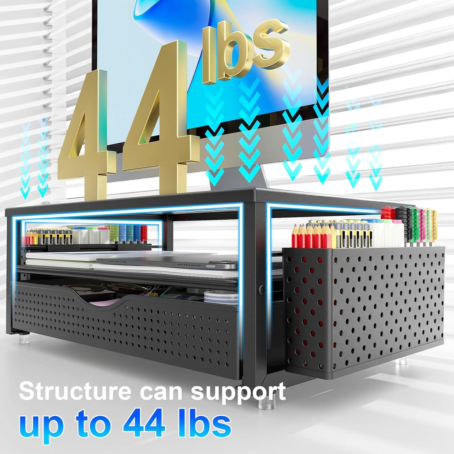 gianotter Desk Organizers and Accessories, Monitor Stand with Drawer and 2 Pen Holder, Desktop Organizer Suitable for Offices and Dormitories (Black)