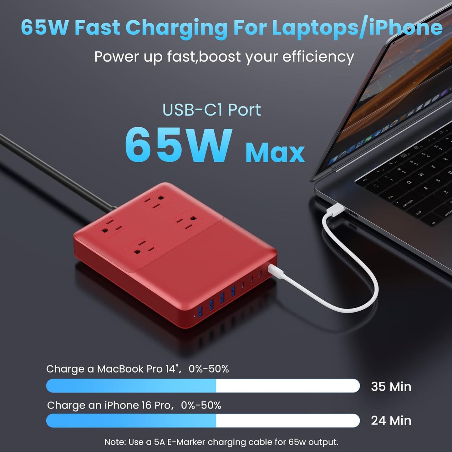 12-in-1 Charging Station USB C Power Strip with 5ft Cord,105W GaN IV USB C Charger Block,4 AC Outlets,4 USB-A,4 USB-C for MacBook,iPhone 16/15/14,Fast Charging Desktop Charger for Office (A-Red)
