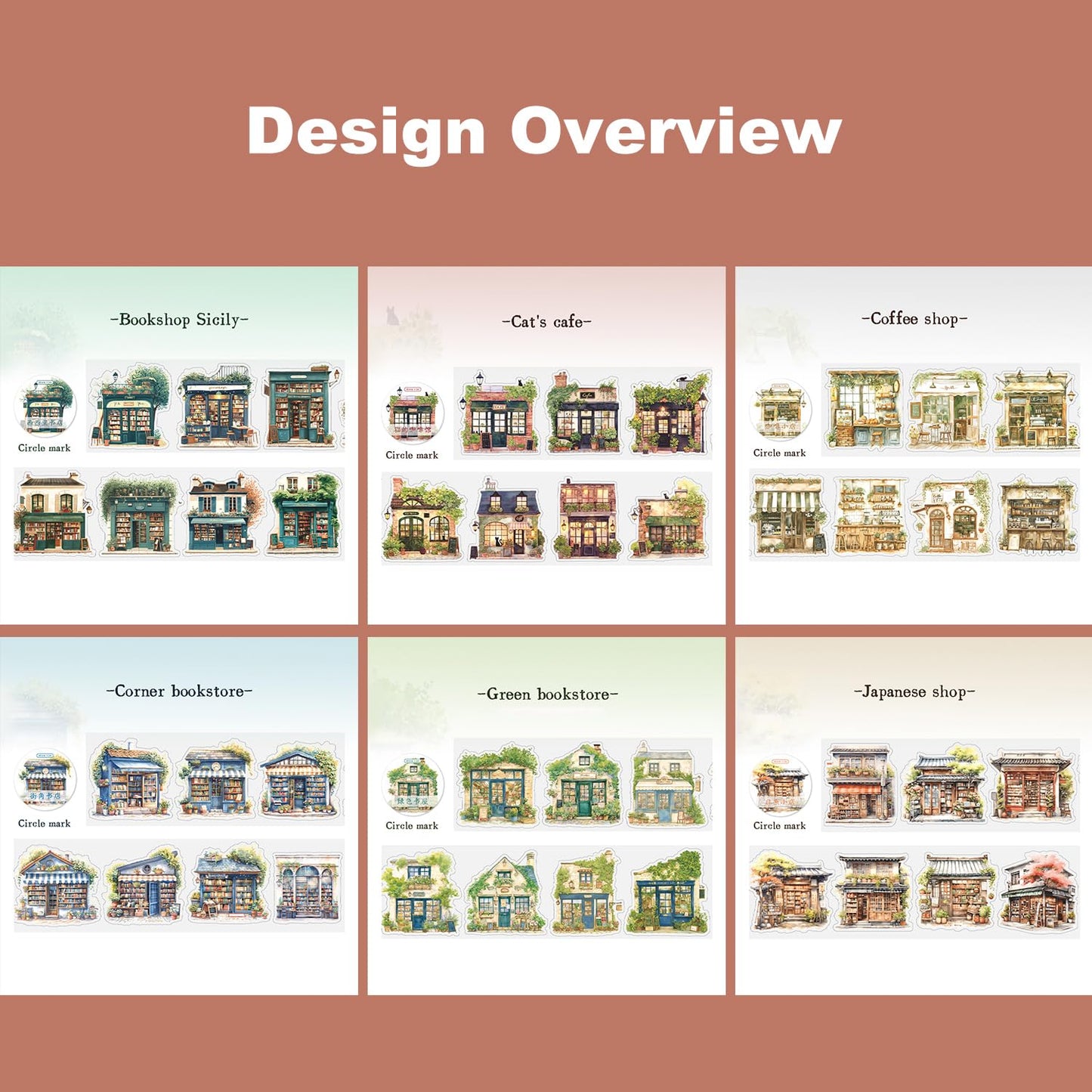 6 Rolls House Building Theme PET Tape Set, Pre-Cut Decorative Grocery Shop Stickers for Scrapbooking, Journaling, and Waterproof Craft Supplies with Clip